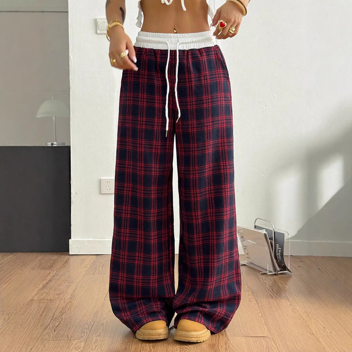 Damen weite karierte Lounge-Hose mit hohem Gummibund und Kordelzug Drune