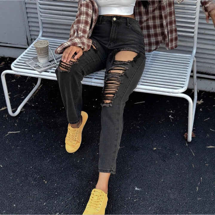 Damen hochgeschnittene Ripped-Mom-Jeans mit mehreren Knie-Cutouts und relaxed Straight-Schnitt Drune