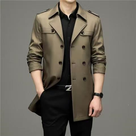 Herren Doppelreihiger taillierter Trenchcoat mit Schulterklappen Drune