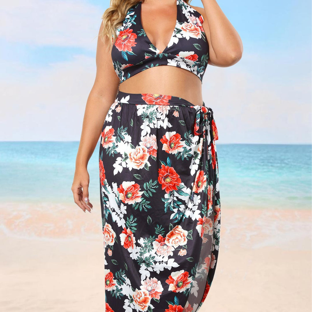 Damen Bikini-Oberteil mit floralem Design und hochgeschnittenem Rock Drune