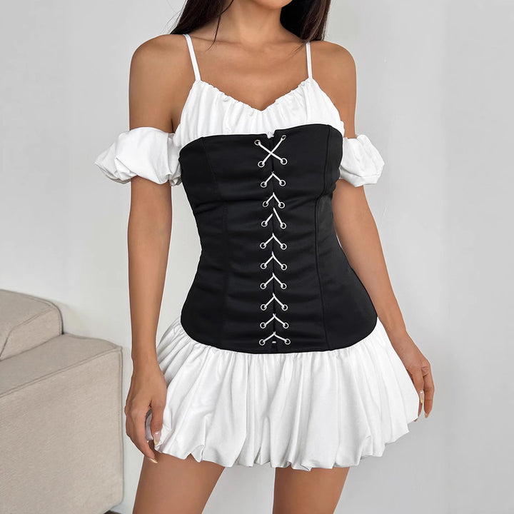 Damen Rüschenkleid mit Schnürung und abnehmbaren Trägern Drune