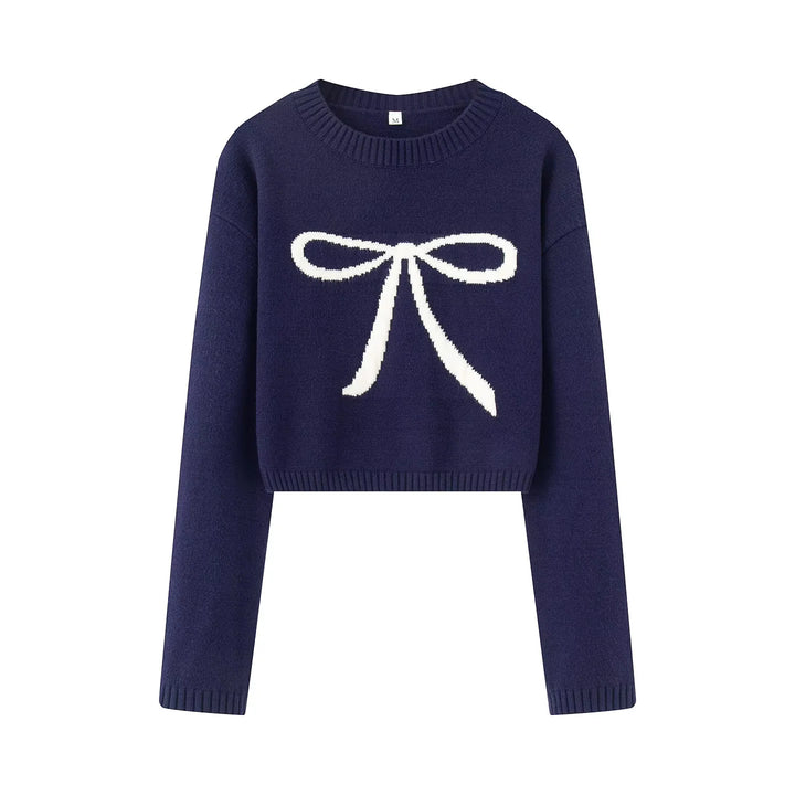 Damen nan kurz geschnittener Strickpullover mit Intarsien-Schleifenmotiv Drune