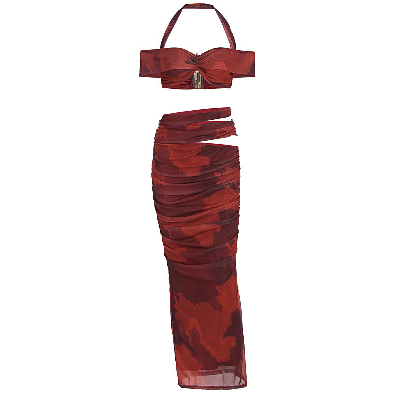 Damen Crop-Top und Maxi-Rock Set mit raffiniertem Rüschen-Design Drune