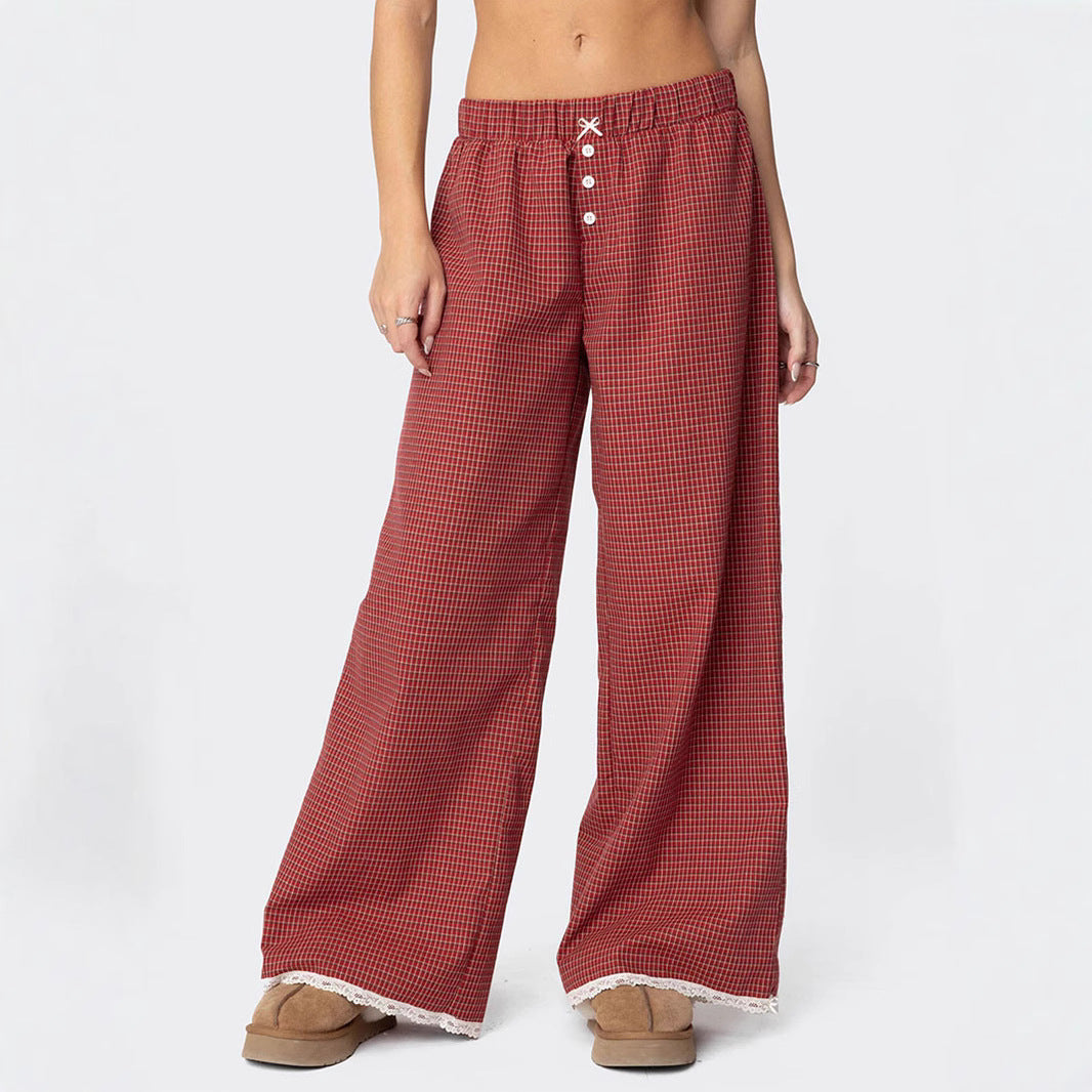 Damen Weit geschnittene Karohose mit Spitzendetails Drune