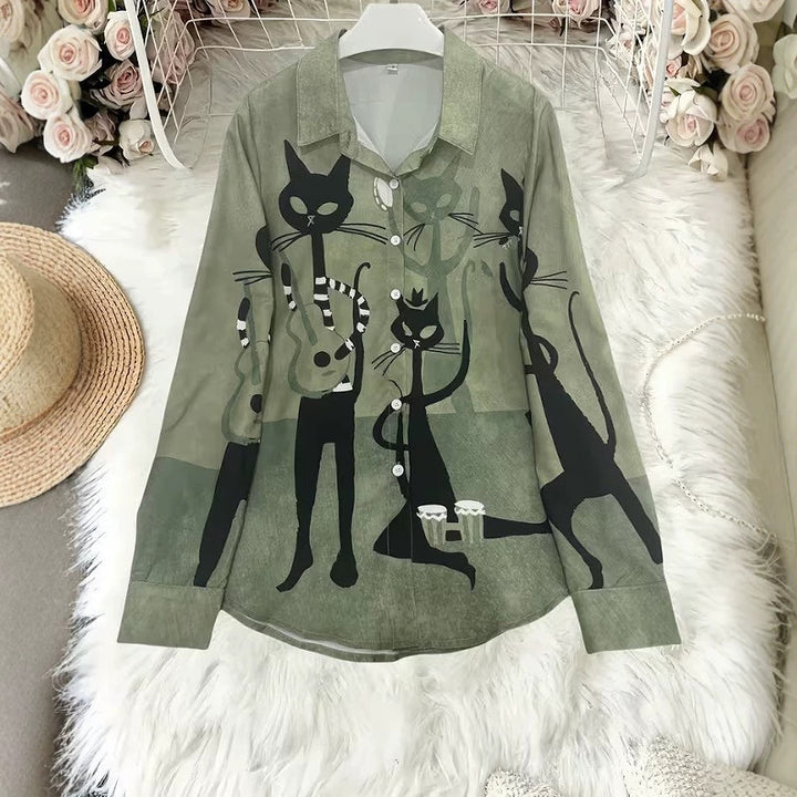 Damen Modische Hemdbluse mit einzigartigem Katzenmotiv Drune