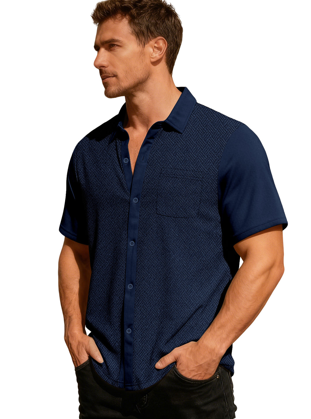 Herren nan legeres Kurzarmhemd mit Jacquardstruktur, kontrastierter Knopfleiste und Brusttasche Drune