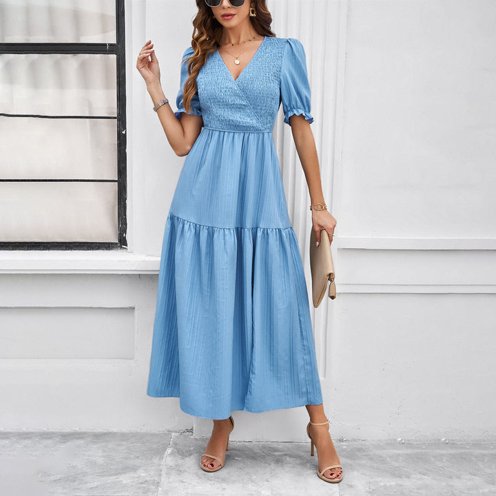 Damen Maxikleid mit hohem Schlitz und Puffärmeln Drune