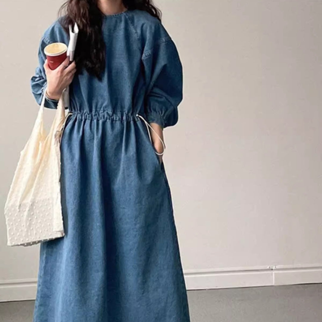 Damen Denim-Midikleid mit Kordelzugtaillierung Drune