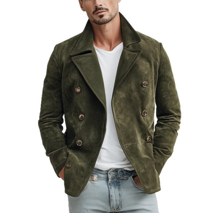 Herren Doppelreihige Velourslederjacke im Kurzmantel-Blouson mit markantem Revers Drune