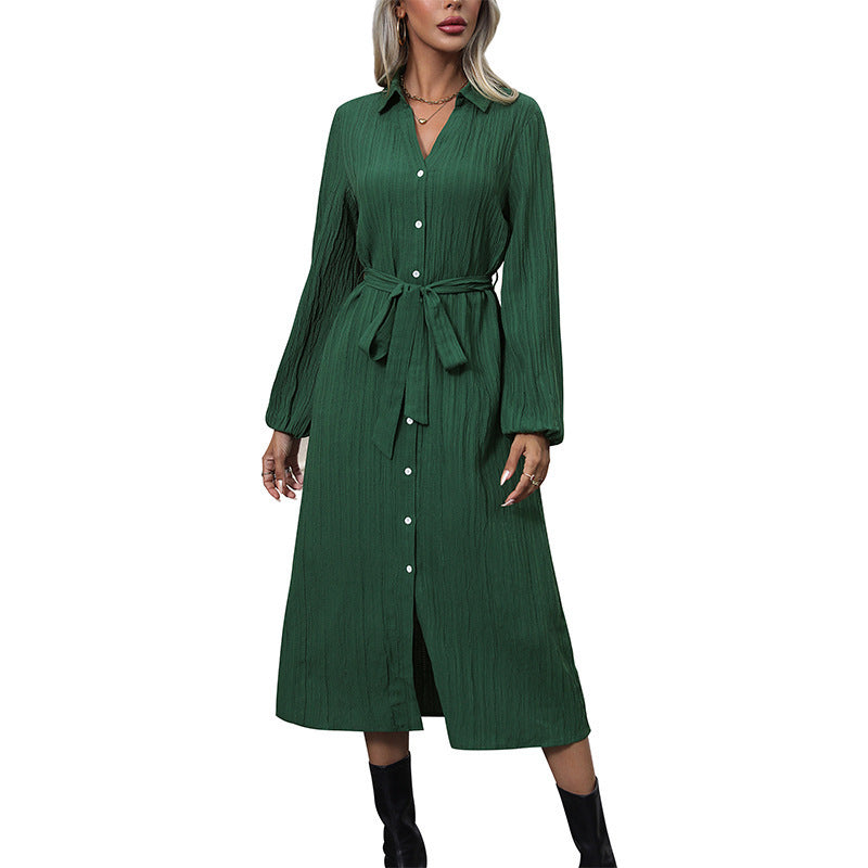 Damen Langarm Hemdblusenkleid mit Gürtel Drune