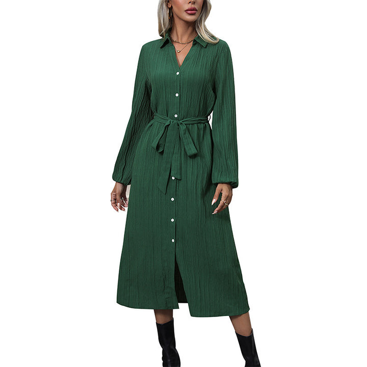 Damen Langarm Hemdblusenkleid mit Gürtel Drune