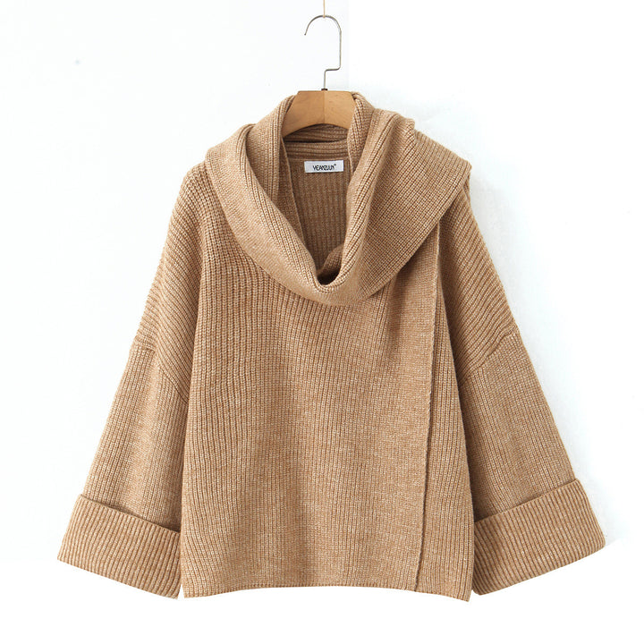 Damen Boxy-Cropped Grobstrick-Pullover mit voluminösem Schalkragen Drune