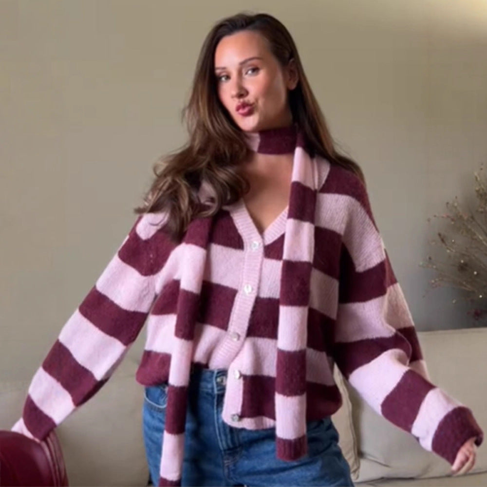 Damen Oversize Strickcardigan-Set mit Blockstreifen, Knopfleiste und passendem Schal Drune