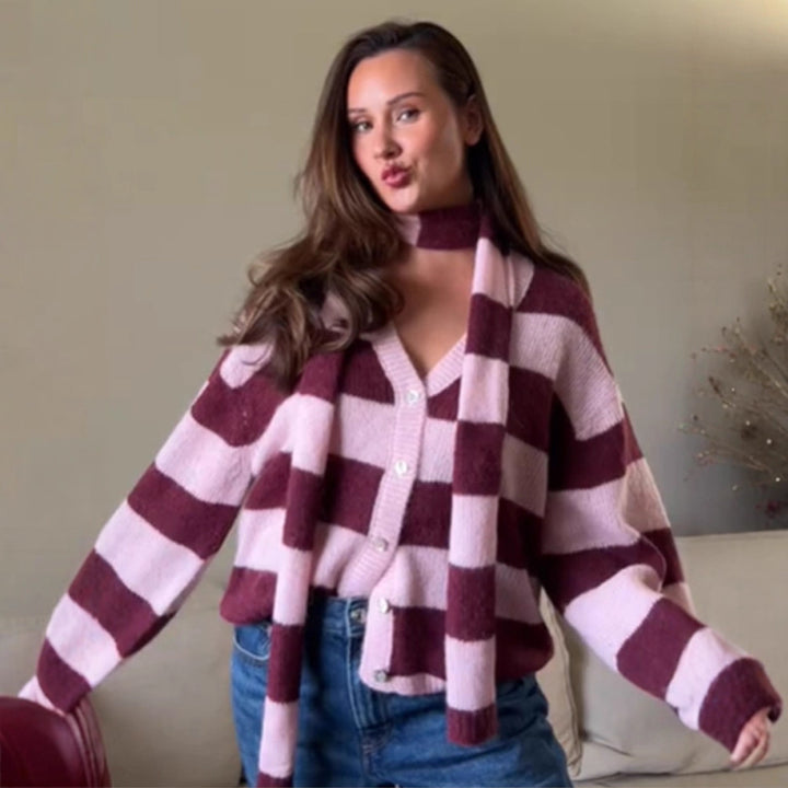 Damen Oversize Strickcardigan-Set mit Blockstreifen, Knopfleiste und passendem Schal Drune