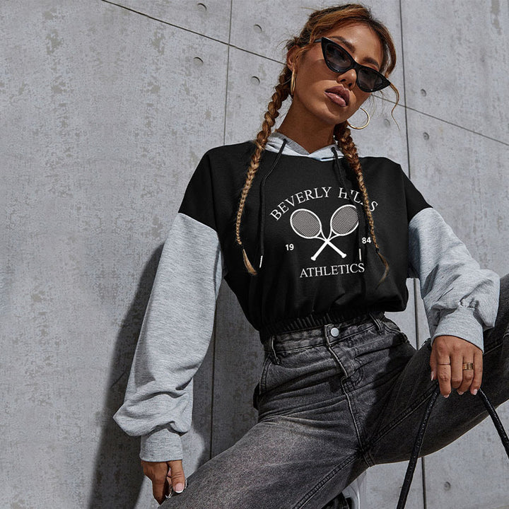 Damen Cropped Hoodie mit Kontrastärmeln, elastischem Saum und schmelzendem Smiley-Print Drune