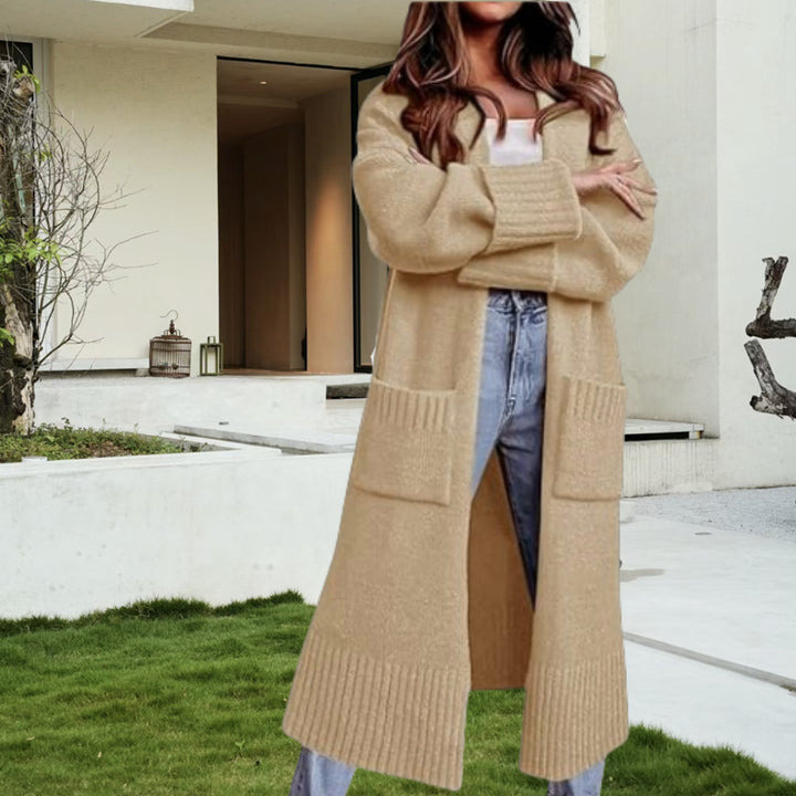 Damen Langer Strickcardigan mit gerippten Ärmeln und praktischen Taschen Drune