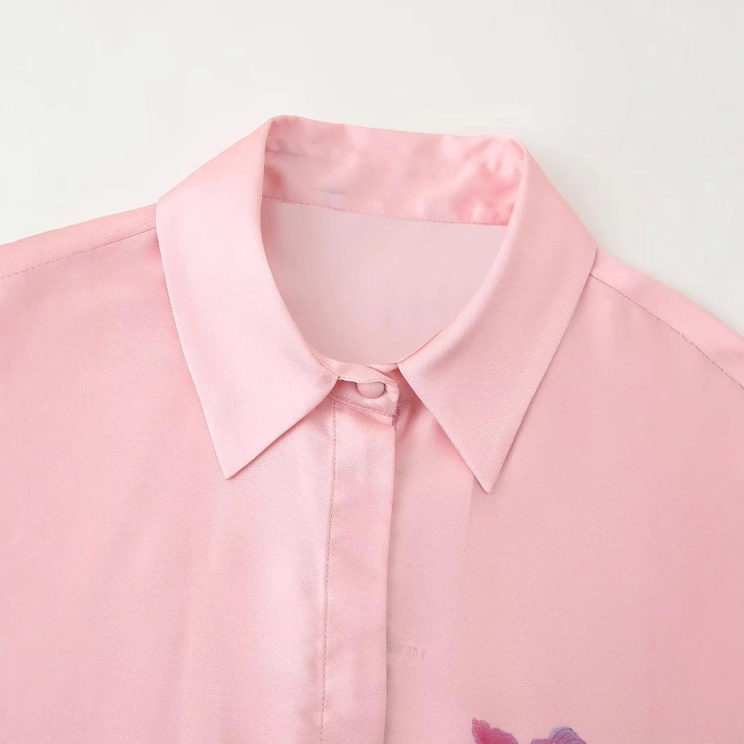 Damen nan seidige Satinbluse mit Hemdkragen, verdeckter Knopfleiste und floraler Seitenapplikation Drune