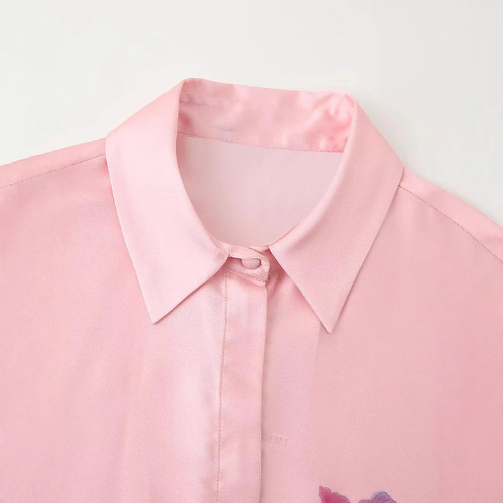 Damen nan seidige Satinbluse mit Hemdkragen, verdeckter Knopfleiste und floraler Seitenapplikation Drune