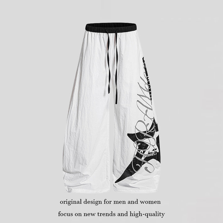Damen Weite Palazzo-Hose mit Tunnelzugbund und großflächigem Statement-Print Drune