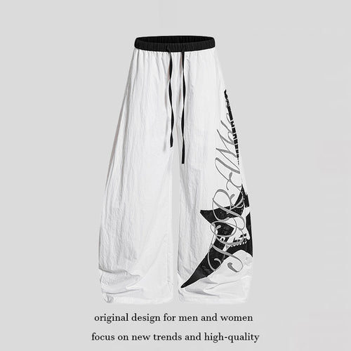 Damen Weite Palazzo-Hose mit Tunnelzugbund und großflächigem Statement-Print Drune