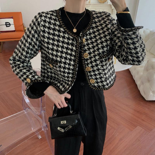 Damen Designer-Jacke im Hahnentritt-Design mit goldenen Knöpfen Drune