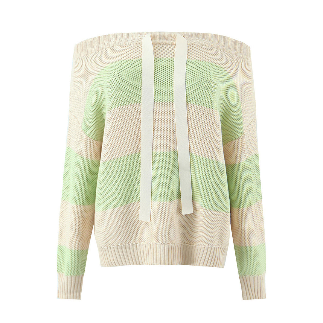 Damen Oversized Off-Shoulder-Pullover mit Carmenkragen, Waffelstrick und Zierbändern Drune