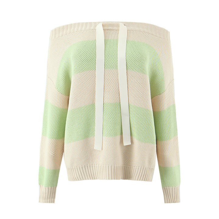 Damen Oversized Off-Shoulder-Pullover mit Carmenkragen, Waffelstrick und Zierbändern Drune