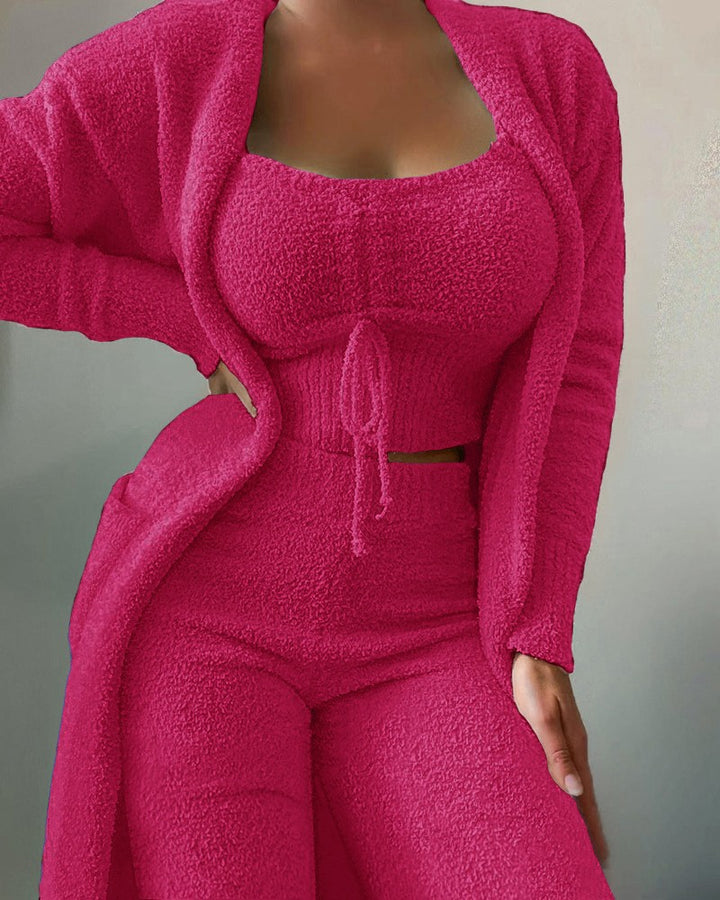 Damen nan luxuriöses Teddy-Fleece Lounge-Set mit Longcardigan, gerafftem Cropped-Bustier und Highwaist-Hose Drune