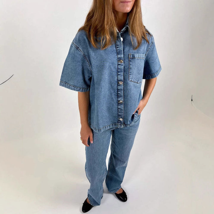 Damen Oversized Denim-Hemd mit kurzen Ärmeln und aufgesetzten Taschen Drune