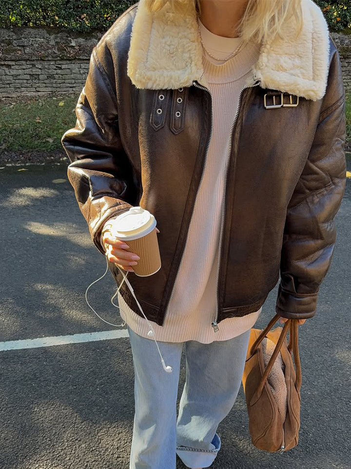 Damen Oversize Fliegerjacke aus Kunstleder mit Teddyfutter und breitem Schnitt Drune