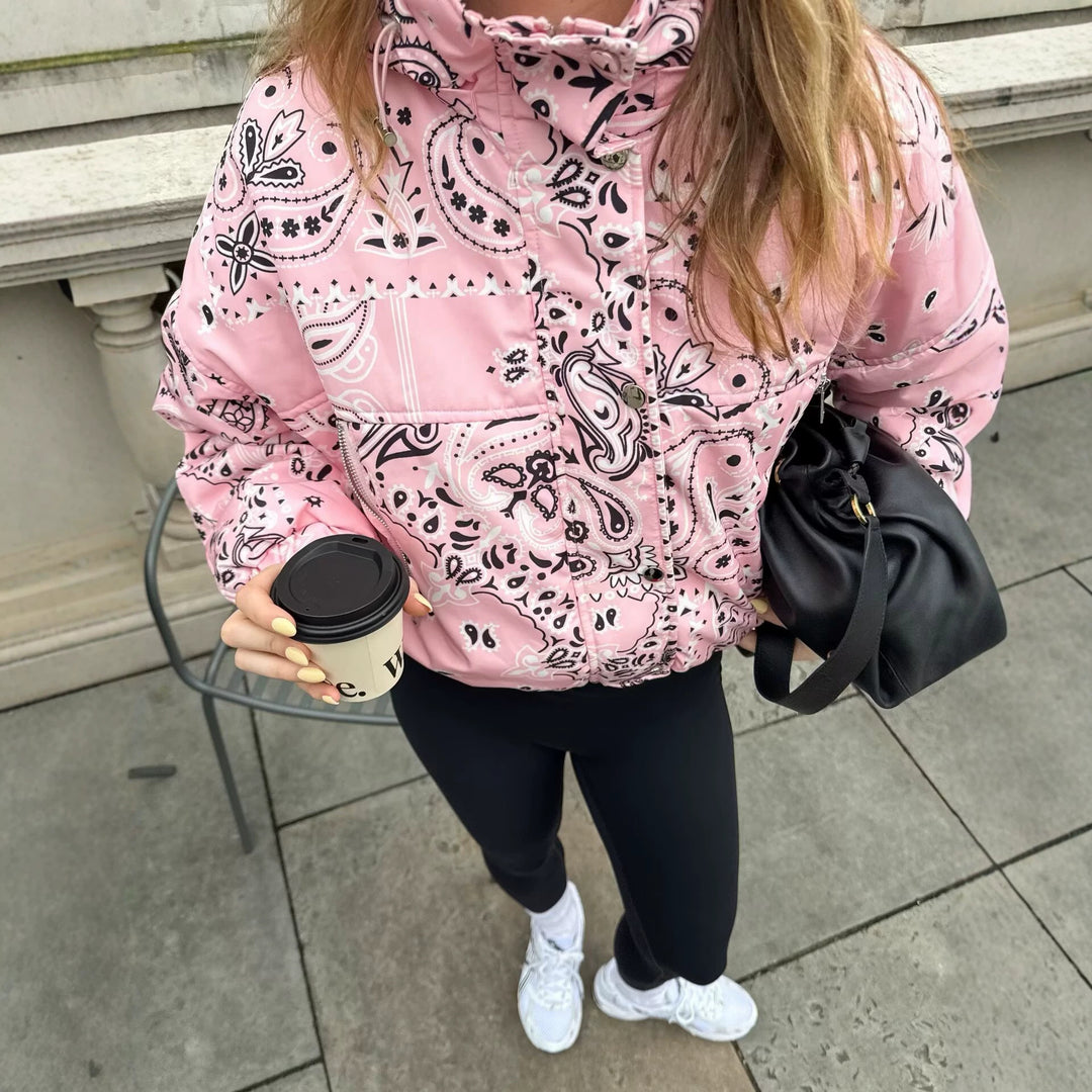 Damen Bedruckte Kapuzen-Übergangsjacke mit Bandana‑Print und Kängurutasche Drune