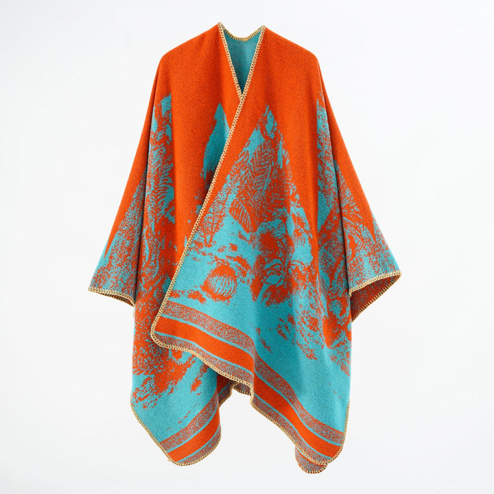 Damen Capeponcho aus Wollmix mit zweifarbiger Jacquardstruktur und Zierstichrand Drune