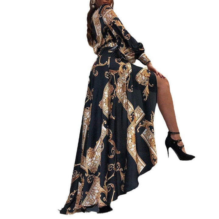 Damen Asymmetrisches Maxikleid mit elegantem Barockmuster und tiefem Schlitz Drune