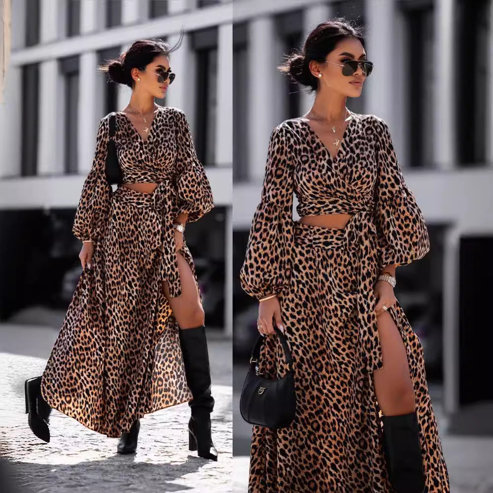 Damen Maxikleid im Leopardenmuster mit Wickeldesign und voluminösen Ärmeln Drune