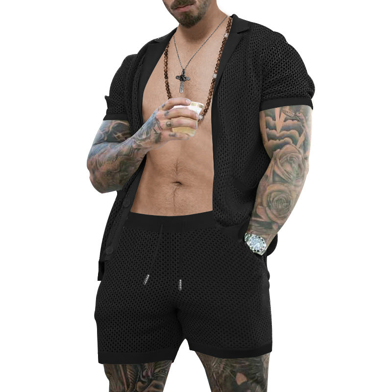 Herren nan offener Netzstrick-Cardigan mit passenden Kordelzug-Shorts Drune