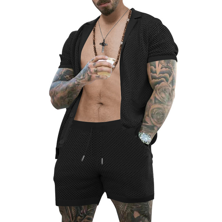 Herren nan offener Netzstrick-Cardigan mit passenden Kordelzug-Shorts Drune