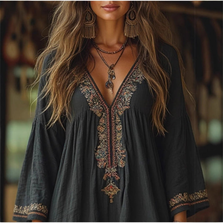 Damen Strandkleid mit kunstvoller Stickerei und weiten Ärmeln Drune
