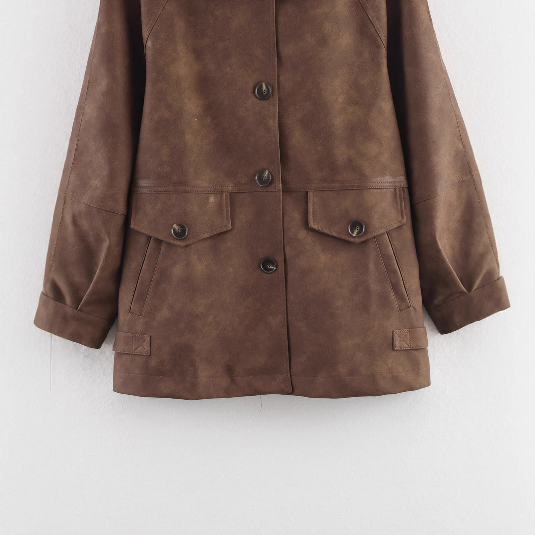 Damen lässige Kunstlederjacke mit Taschen Drune