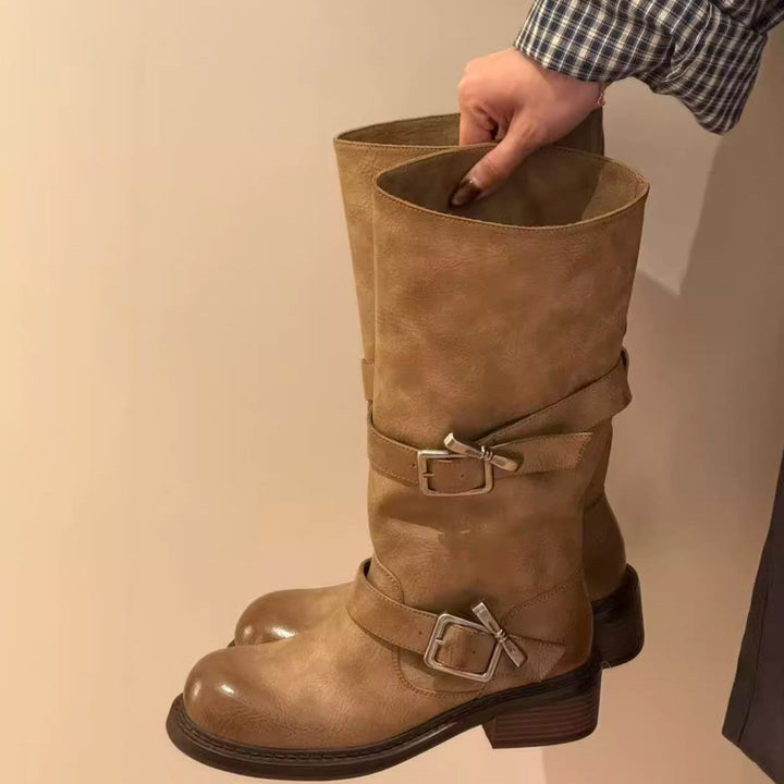 Damen modische Stiefel mit verstellbaren Riemen und komfortablem Blockabsatz Drune