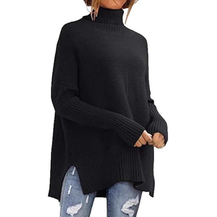 Damen Oversize-Rippenstrick Rollkragenpullover mit Seitenschlitzen und verlängertem Saum Drune