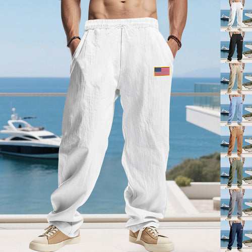 Herren Maritime Relaxed‑Fit Leinenoptik-Freizeithose mit Tunnelzug & Flaggen-Patch Drune