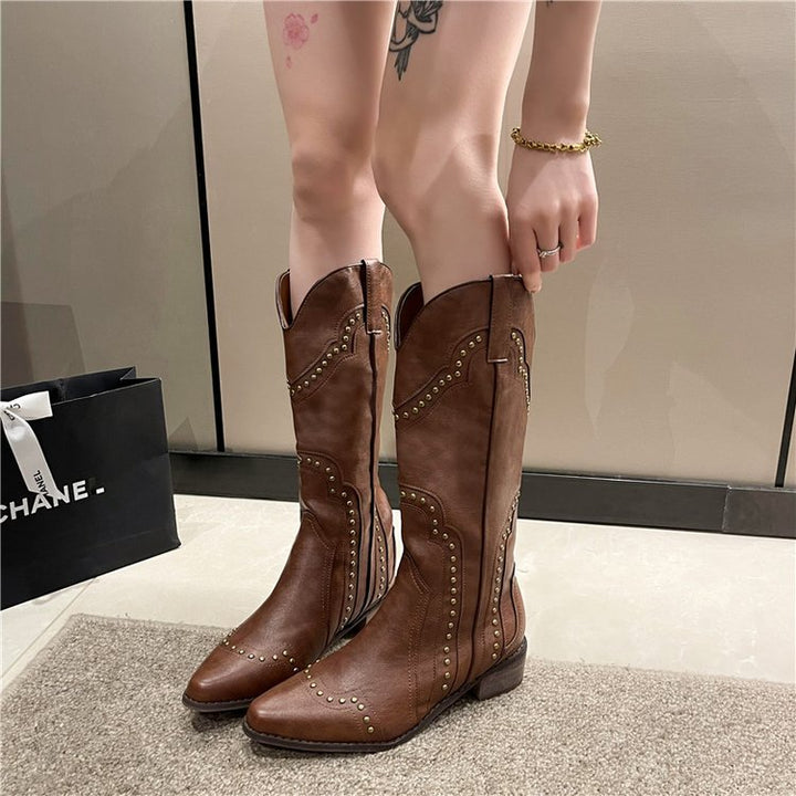 Damen Cowboystiefel mit modischen Nietenakzenten und komfortablem Blockabsatz Drune