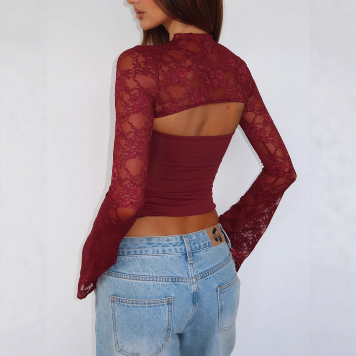 Damen Elegantes Oberteil mit transparenten Ärmeln und hochwertiger Spitze Drune