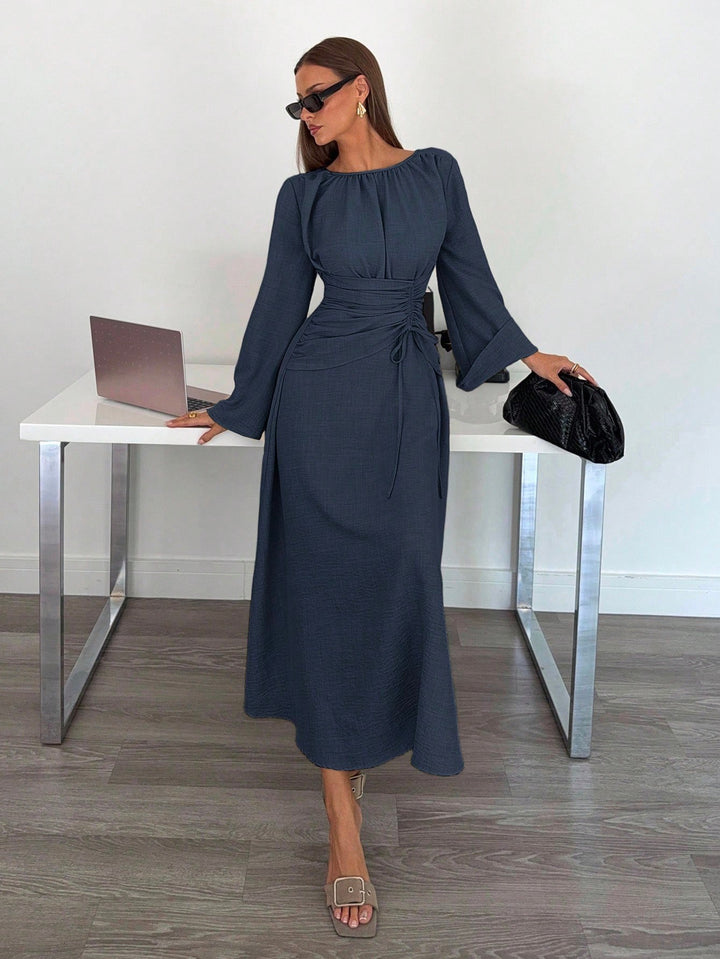 Damen Maxikleid mit geraffter Taillen-Schnürung, weiten Ärmeln und fließendem Rock Drune