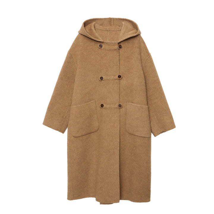 Damen eleganter Wollmantel mit Kapuze und praktischen Taschen Drune