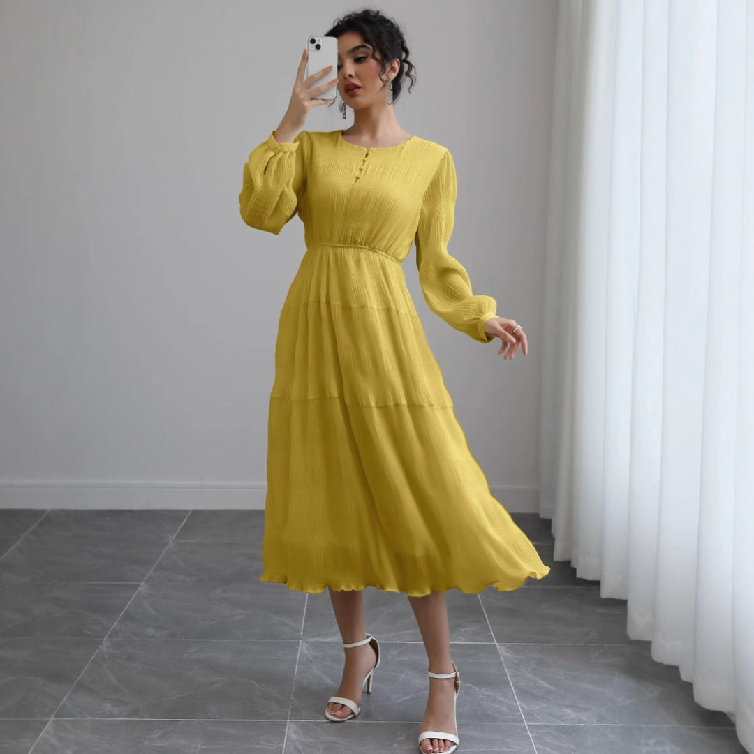 Damen Midikleid aus Crêpe mit Stufenrock, geraffter Taille und Ballonärmeln Drune