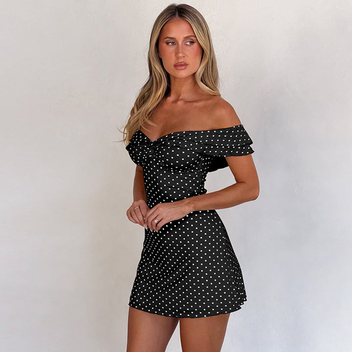 Damen Verspieltes Polka-Dot Cocktailkleid mit Schulterfreiem Design und Rüschendetails Drune