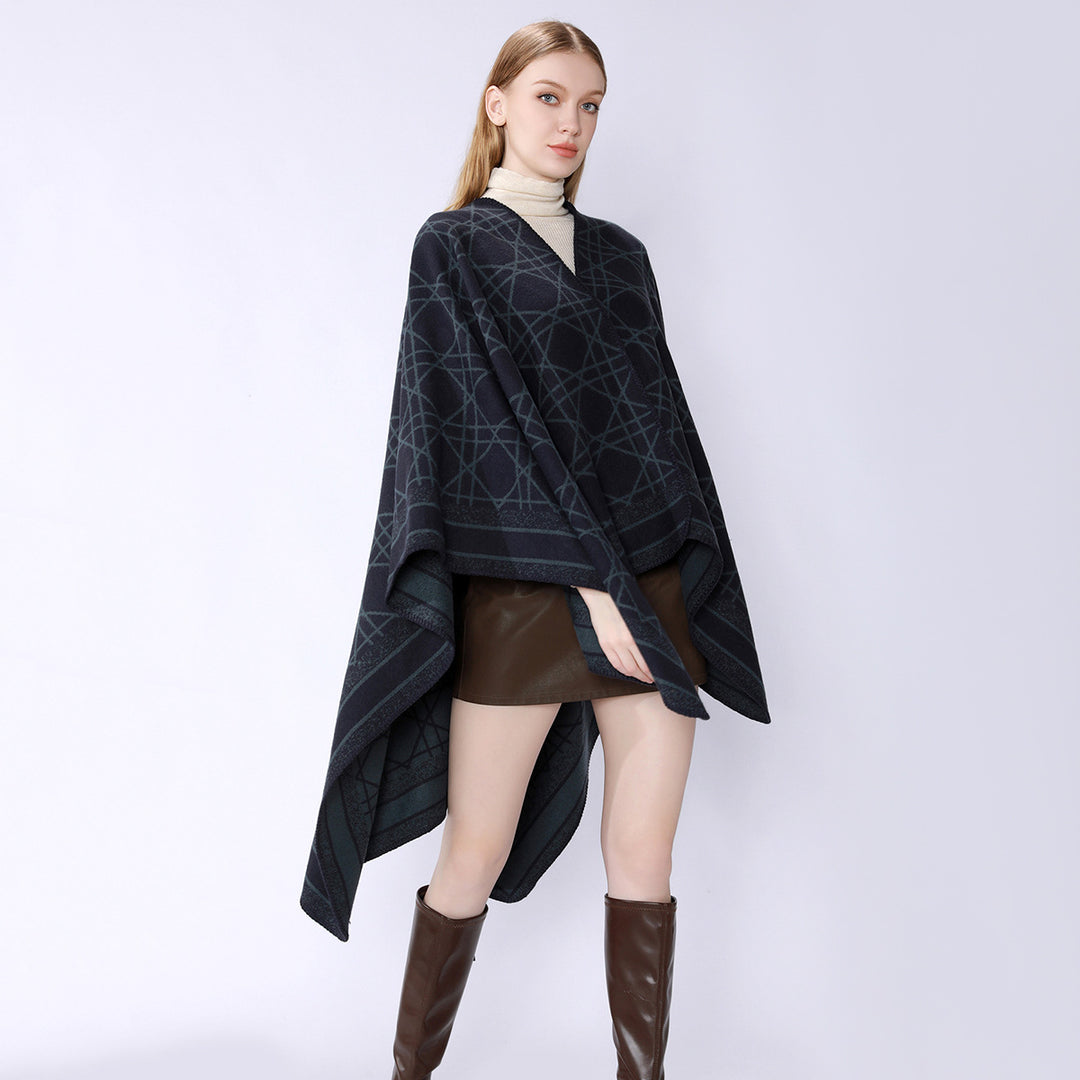 Damen Wendbarer Jacquard-Capeponcho mit geometrischem Allovermuster und offenem Kimono-Fall Drune