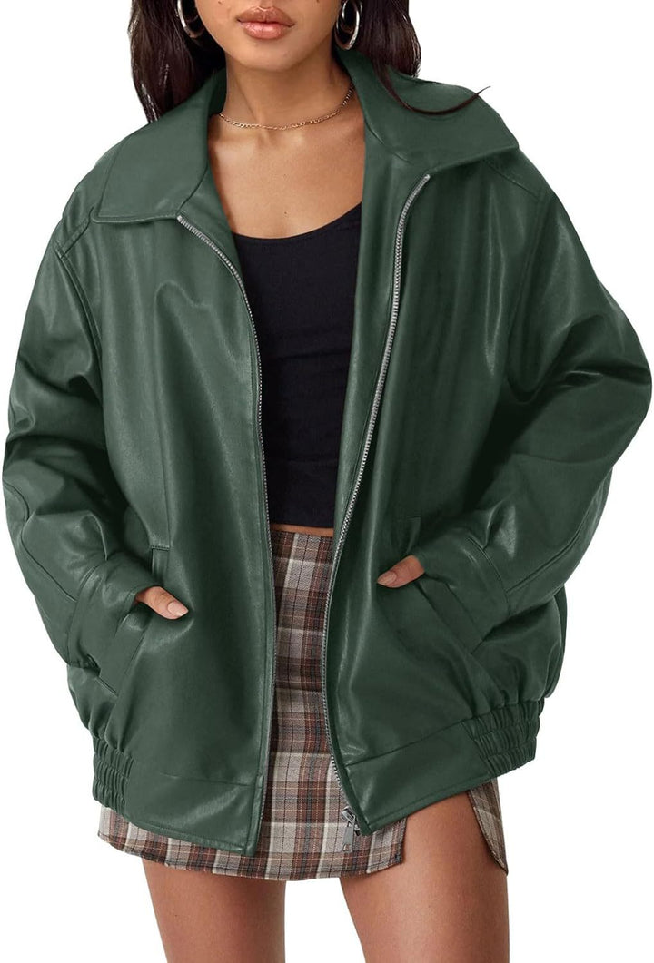 Damen lässige Kunstlederjacke mit weitem Schnitt und praktischen Taschen Drune
