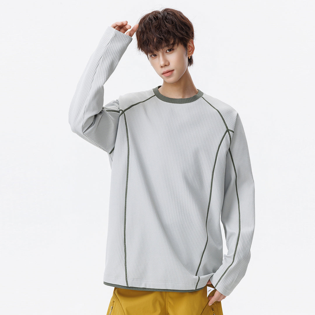 Herren Waffelstruktur-Langarmshirt im Oversize-Schnitt mit Kontrastflatlocknähten und Rundhalsausschnitt Drune